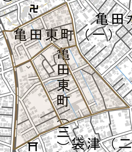 亀田東町とその周辺の地図。町の範囲を重ねている