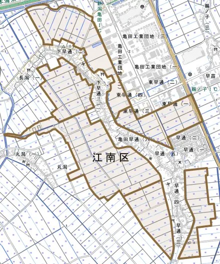 亀田早通とその周辺の地図。町の範囲を重ねている