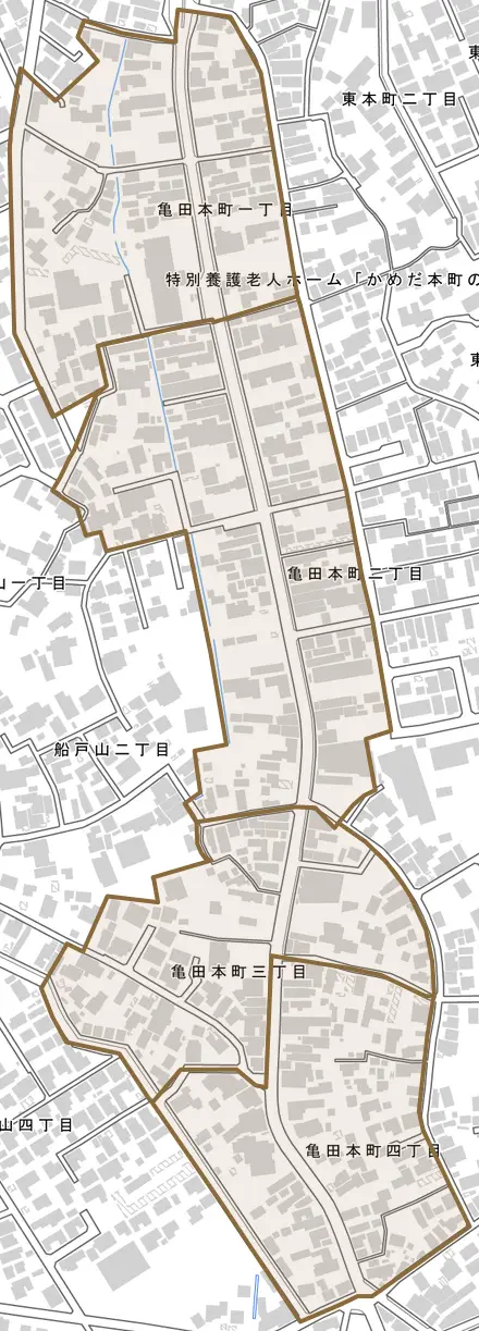亀田本町とその周辺の地図。町の範囲を重ねている