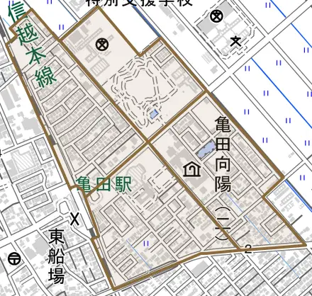 亀田向陽とその周辺の地図。町の範囲を重ねている