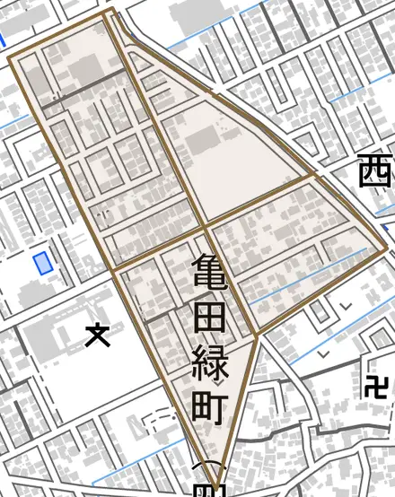 亀田緑町とその周辺の地図。町の範囲を重ねている