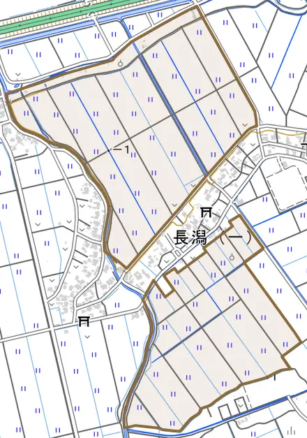 亀田長潟とその周辺の地図。町の範囲を重ねている