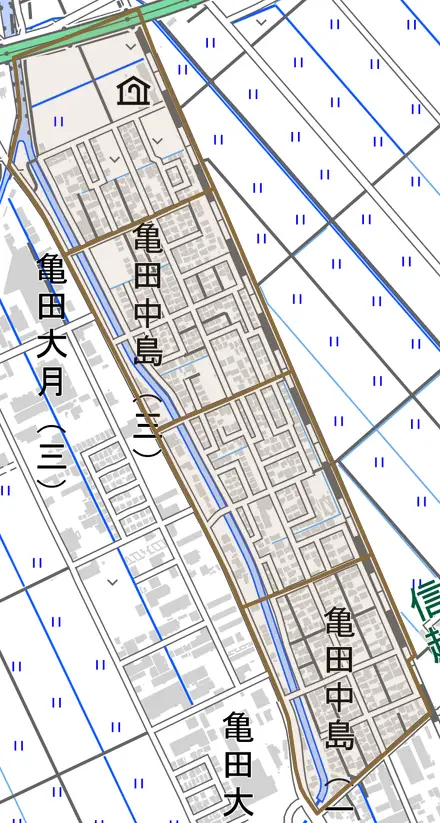 亀田中島とその周辺の地図。町の範囲を重ねている