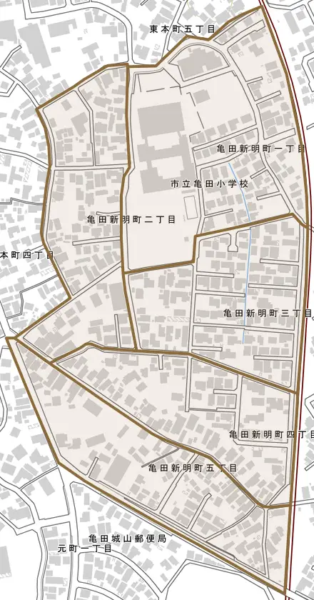 亀田新明町とその周辺の地図。町の範囲を重ねている