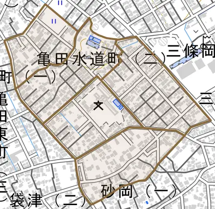 亀田水道町とその周辺の地図。町の範囲を重ねている