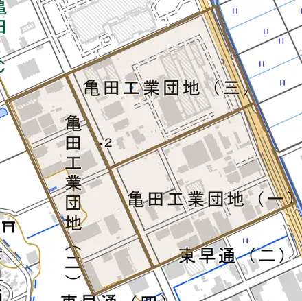 亀田工業団地とその周辺の地図。町の範囲を重ねている