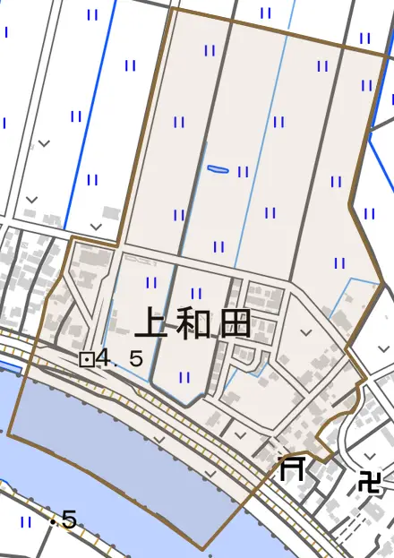 上和田とその周辺の地図。町の範囲を重ねている