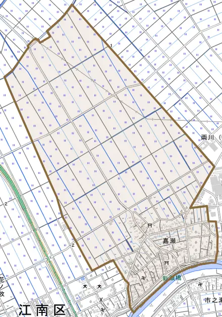 嘉瀬とその周辺の地図。町の範囲を重ねている