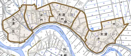 木津とその周辺の地図。町の範囲を重ねている