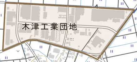 木津工業団地とその周辺の地図。町の範囲を重ねている