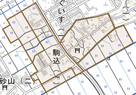 駒込とその周辺の地図。町の範囲を重ねている