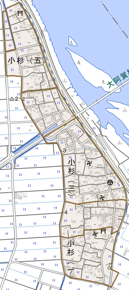 小杉とその周辺の地図。町の範囲を重ねている