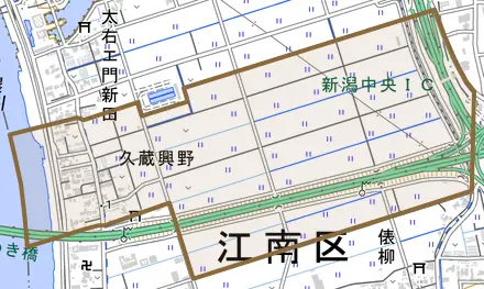 久蔵興野とその周辺の地図。町の範囲を重ねている