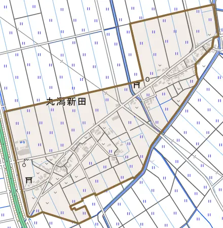 丸潟新田とその周辺の地図。町の範囲を重ねている