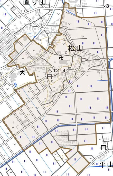 松山とその周辺の地図。町の範囲を重ねている