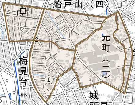 元町とその周辺の地図。町の範囲を重ねている