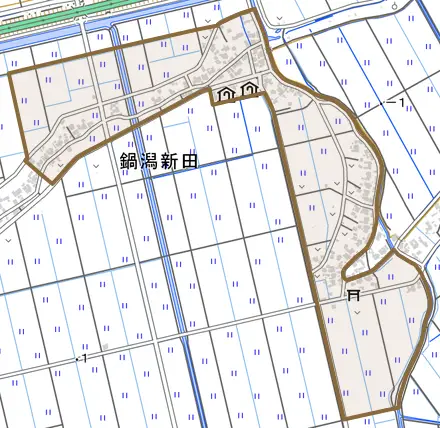 鍋潟新田とその周辺の地図。町の範囲を重ねている