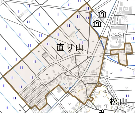 直り山とその周辺の地図。町の範囲を重ねている
