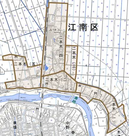 二本木とその周辺の地図。町の範囲を重ねている