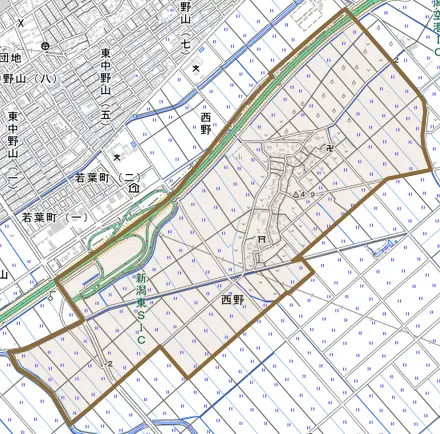 西野とその周辺の地図。町の範囲を重ねている