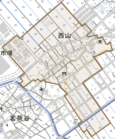 西山とその周辺の地図。町の範囲を重ねている