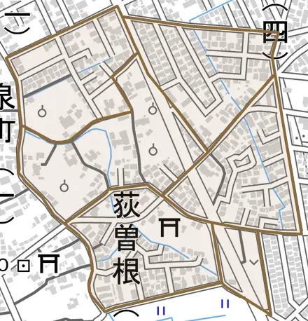 荻曽根とその周辺の地図。町の範囲を重ねている
