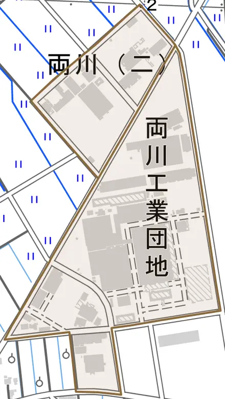 両川とその周辺の地図。町の範囲を重ねている