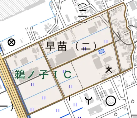早苗とその周辺の地図。町の範囲を重ねている