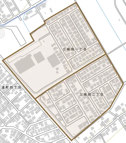 三條岡とその周辺の地図。町の範囲を重ねている