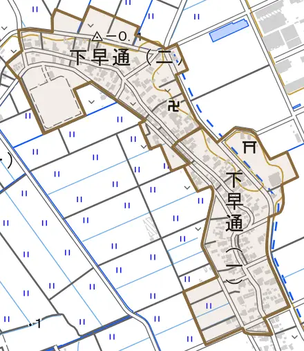 下早通とその周辺の地図。町の範囲を重ねている
