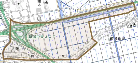鐘木とその周辺の地図。町の範囲を重ねている