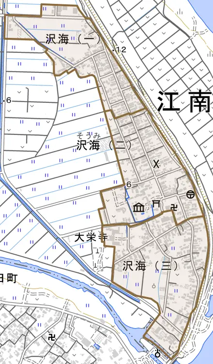 沢海とその周辺の地図。町の範囲を重ねている