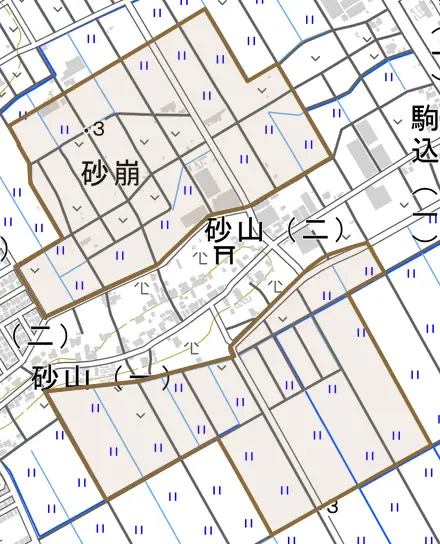 砂崩とその周辺の地図。町の範囲を重ねている