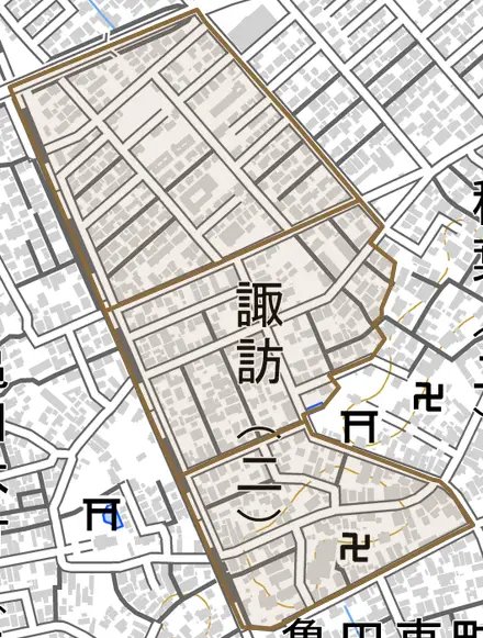 諏訪とその周辺の地図。町の範囲を重ねている