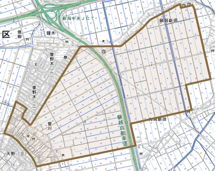 曽川とその周辺の地図。町の範囲を重ねている