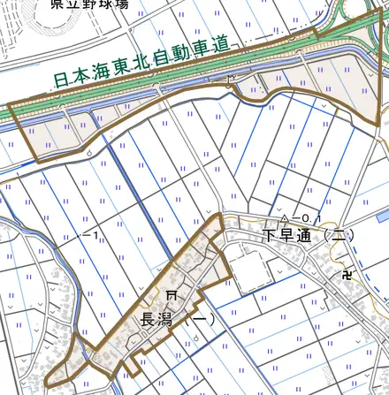 長潟とその周辺の地図。町の範囲を重ねている