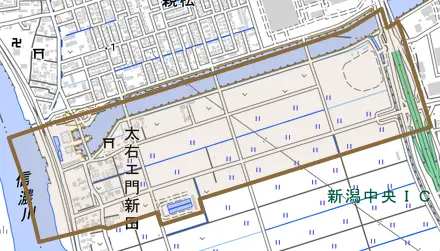 太右エ門新田とその周辺の地図。町の範囲を重ねている