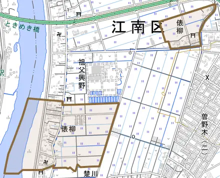 俵柳とその周辺の地図。町の範囲を重ねている