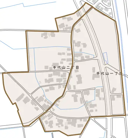 手代山とその周辺の地図。町の範囲を重ねている
