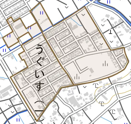 うぐいすとその周辺の地図。町の範囲を重ねている