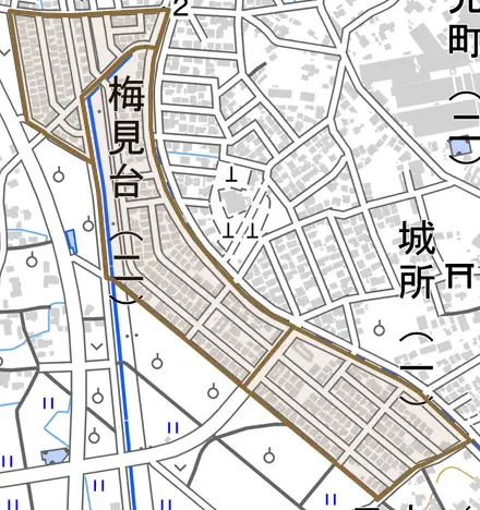 梅見台とその周辺の地図。町の範囲を重ねている