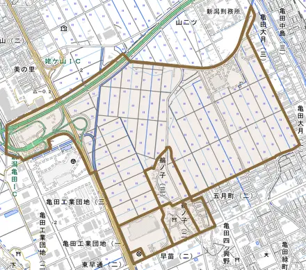 鵜ノ子とその周辺の地図。町の範囲を重ねている