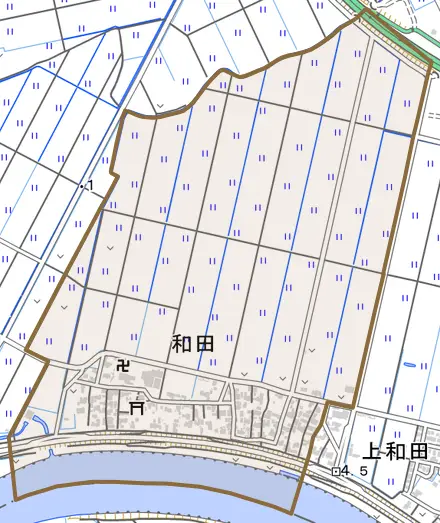 和田とその周辺の地図。町の範囲を重ねている