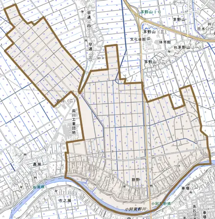 割野とその周辺の地図。町の範囲を重ねている