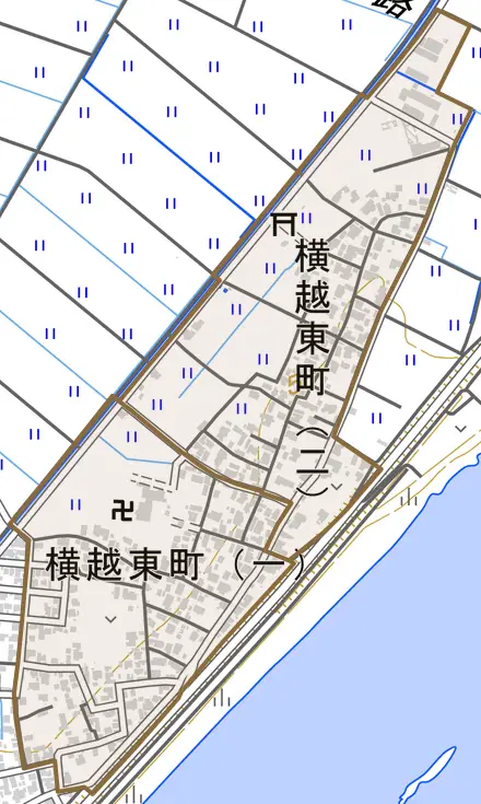 横越東町とその周辺の地図。町の範囲を重ねている