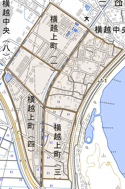 横越上町とその周辺の地図。町の範囲を重ねている