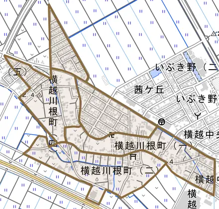 横越川根町とその周辺の地図。町の範囲を重ねている