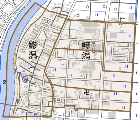 鯵潟とその周辺の地図。町の範囲を重ねている