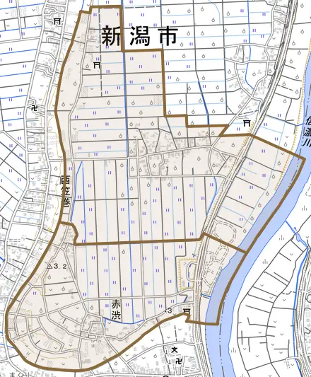 赤渋とその周辺の地図。町の範囲を重ねている