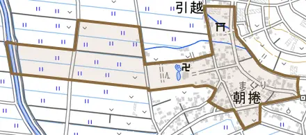 朝捲とその周辺の地図。町の範囲を重ねている